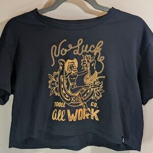 Troll Co. "No Luck All Work" Cropped Tee DHCM Blue Collar Graphic Shirt S